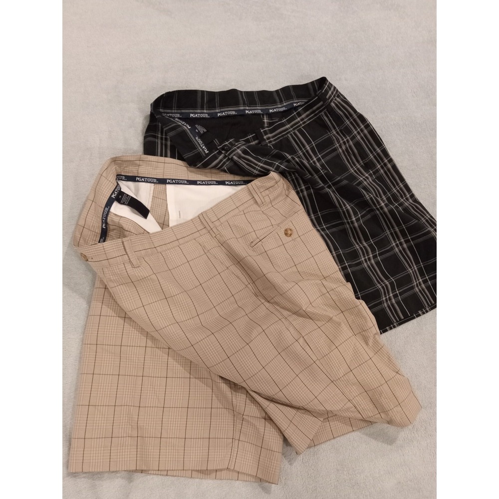 2 PGA TOUR Mens Beige Black Plaid Golf Shorts Size‎ 36